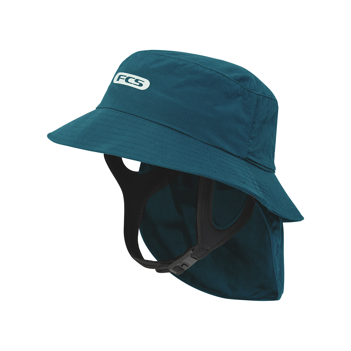 Teal bucket hat with neck cover on a white background