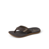 A single dark brown leather thong sandal with a contoured dark brown footbed and a tan outsole, shown from a side angle on a white background.