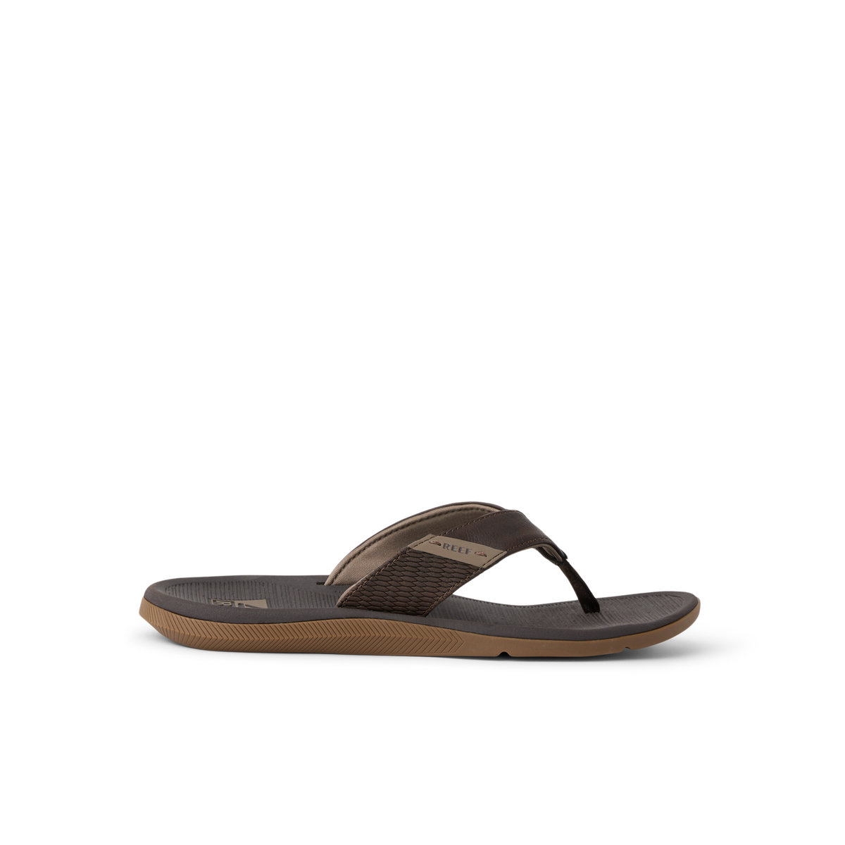 A single men's thong sandal shown in profile against a solid white background. The sandal features a dark brown textured strap, a dark gray footbed, and a brown outsole.