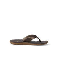 A single men's thong sandal shown in profile against a solid white background. The sandal features a dark brown textured strap, a dark gray footbed, and a brown outsole.