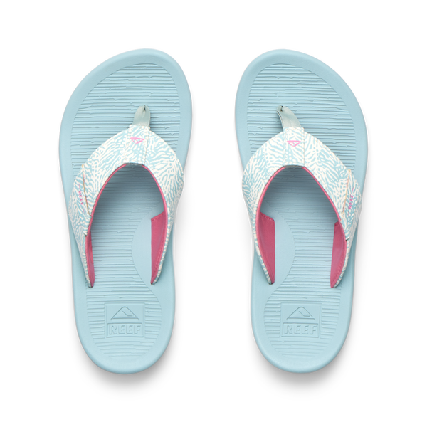 Pair of light blue flip-flops with pink interior on a white background