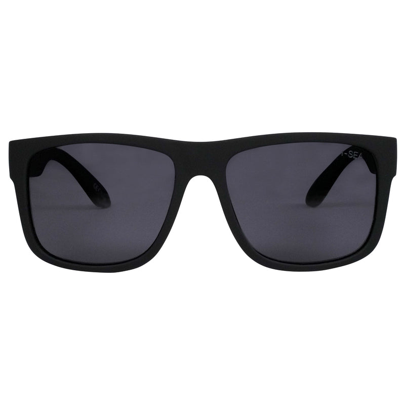 Black sunglasses with dark lenses on a white background