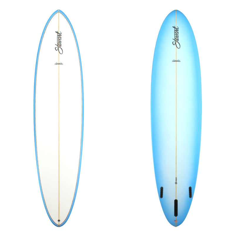 Deck and bottom view of a Stewart Clydesdale Longboard with a white deck and blue rails and bottom with a sand finish