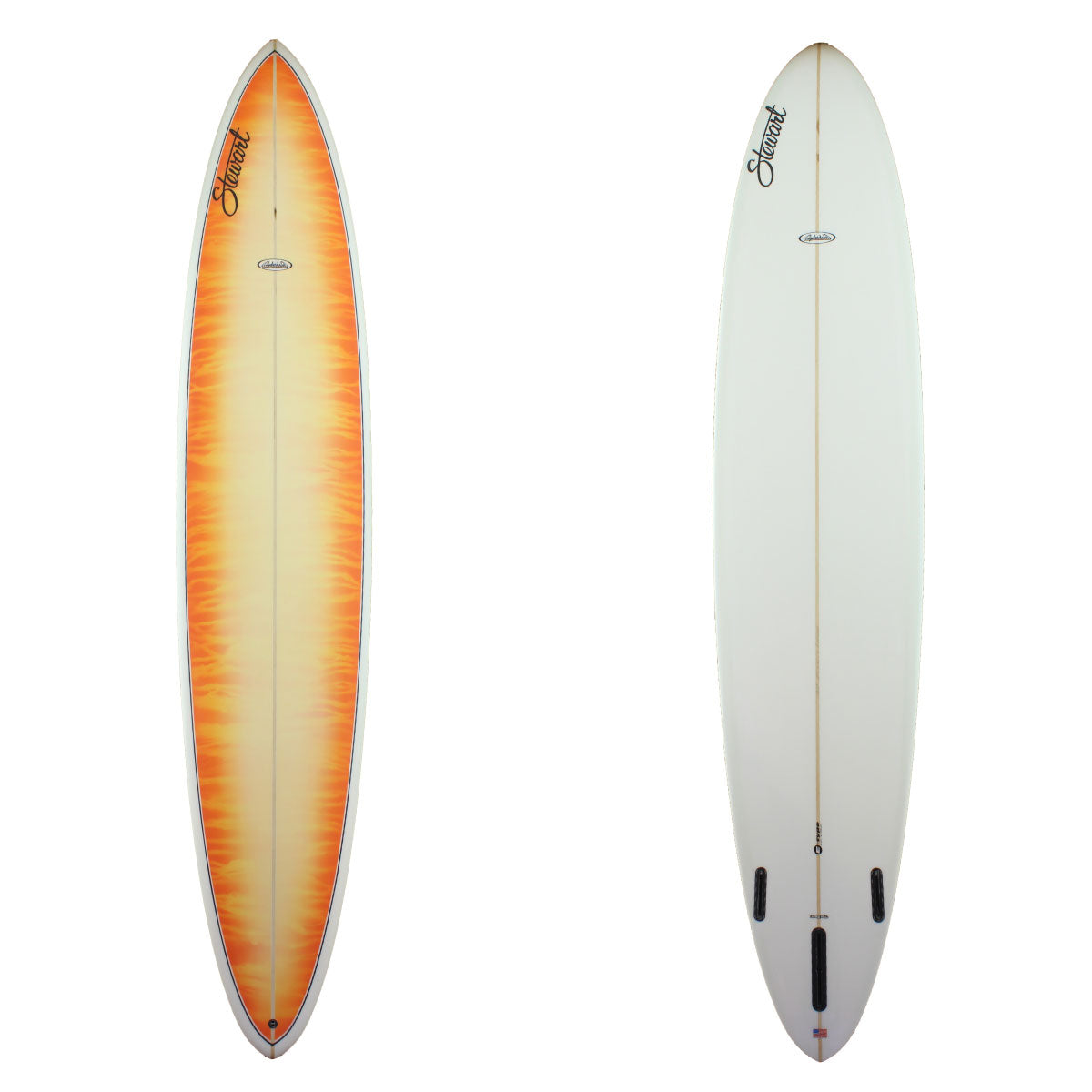 Deck and Bottom View of a stewart Clydesdale Longboard with a orange to yellow fade going from the rail to the stringer and a clear bottom sand finish 