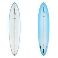 This is Stewart Clydesdale EPS surfboard with Light blue rails with black pinlines and black logos. The bottom has a light blue to clear fade and black logos.Board #129202