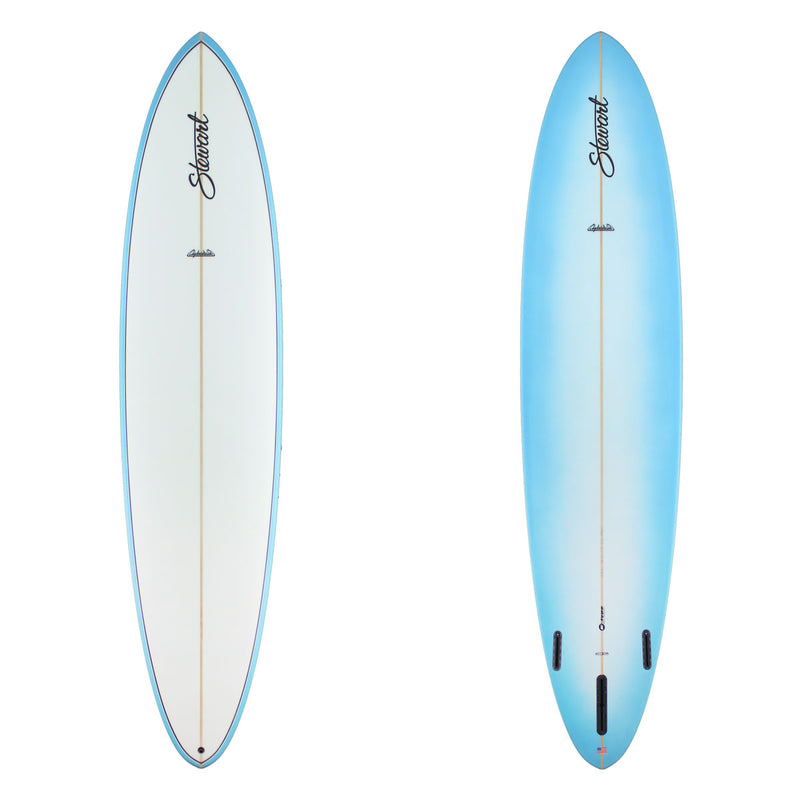 This is Stewart Clydesdale EPS surfboard with Light blue rails with black pinlines and black logos. The bottom has a light blue to clear fade and black logos.Board #129202