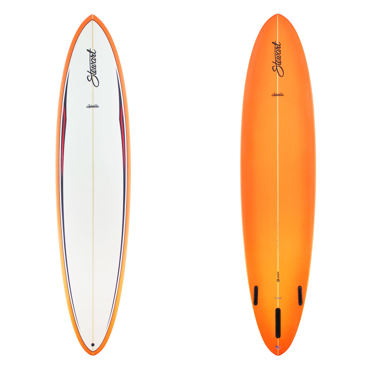 Stewart Longboard 9'0" Clydesdale (9'0", 24", 3 5/8") B#129348 with a red racing stripe on the deck and orange bottom and rails