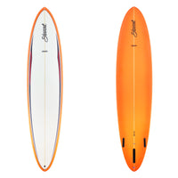 Stewart Longboard 9'0" Clydesdale (9'0", 24", 3 5/8") B#129348 with a red racing stripe on the deck and orange bottom and rails