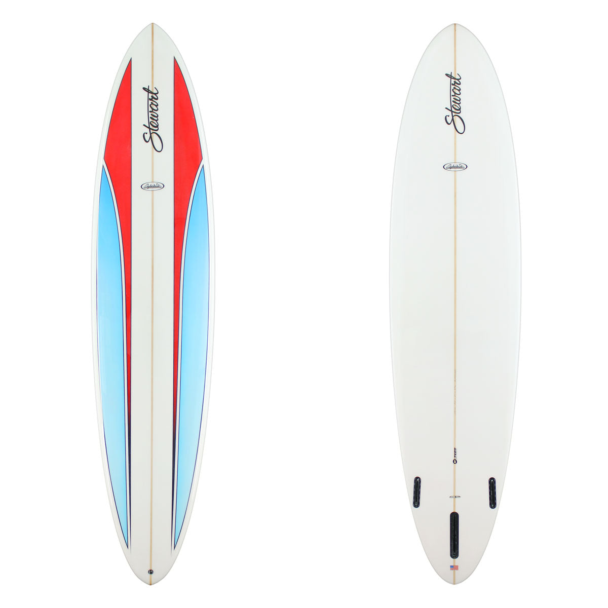 Stewart Longboard 9'0" Clydesdale (9'0", 24", 3 5/8") B#129442 Gloss & Polish with a red and blue split panel on the deck