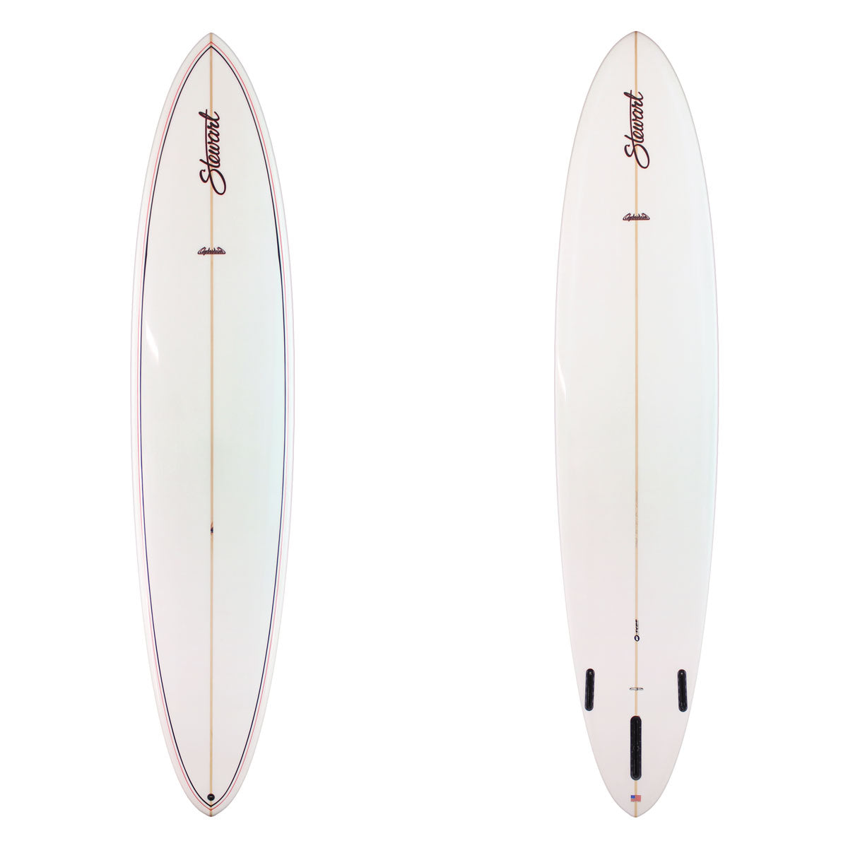 Two views of a white surfboard with branding on a white background