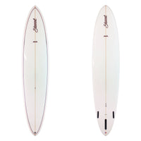 Two views of a white surfboard with branding on a white background