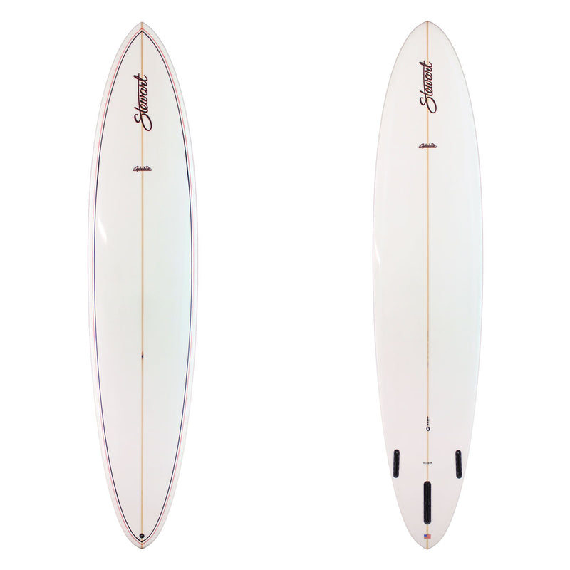 Two views of a white surfboard with branding on a white background
