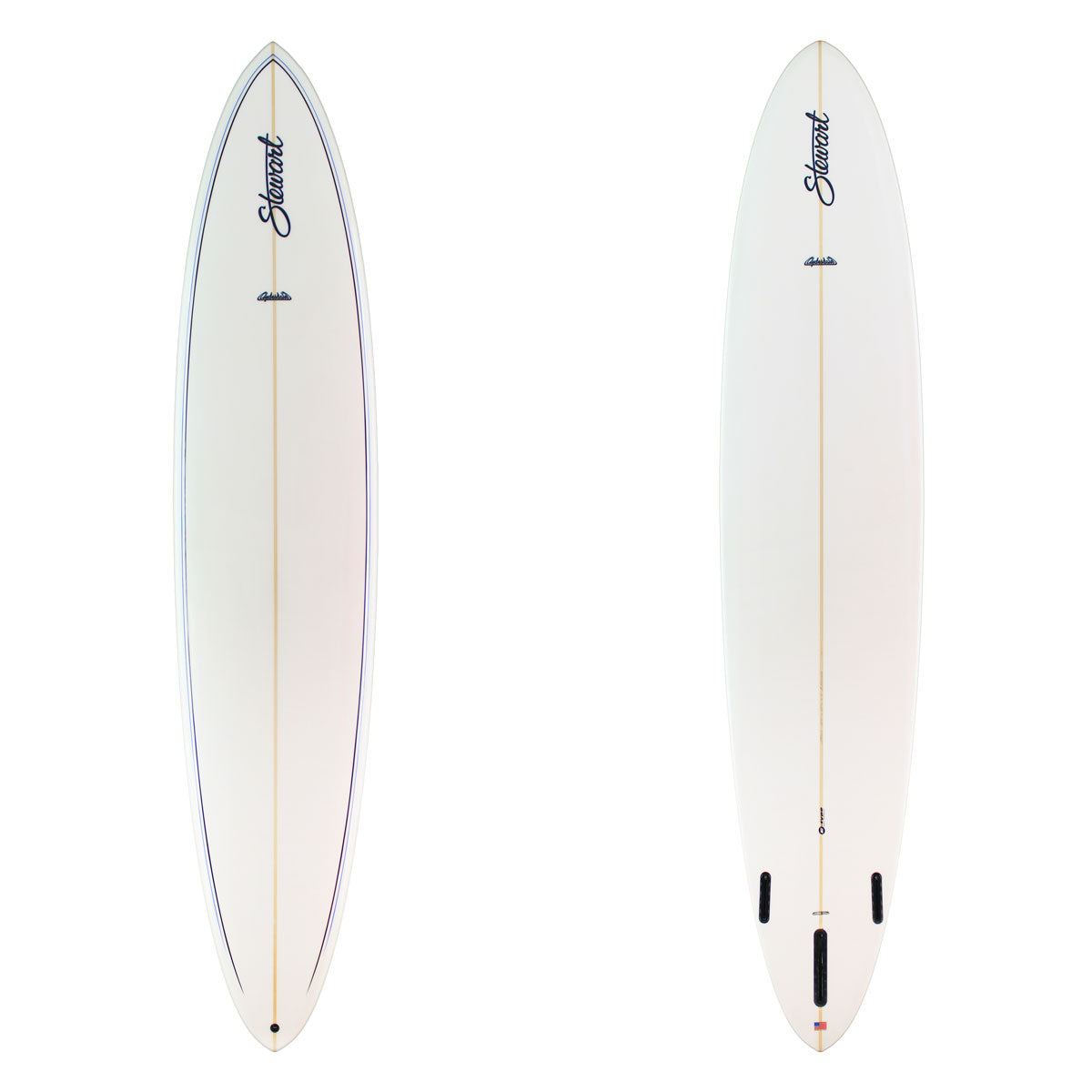Two views of a white surfboard with branding on a white background