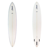 Two views of a white surfboard with branding on a white background