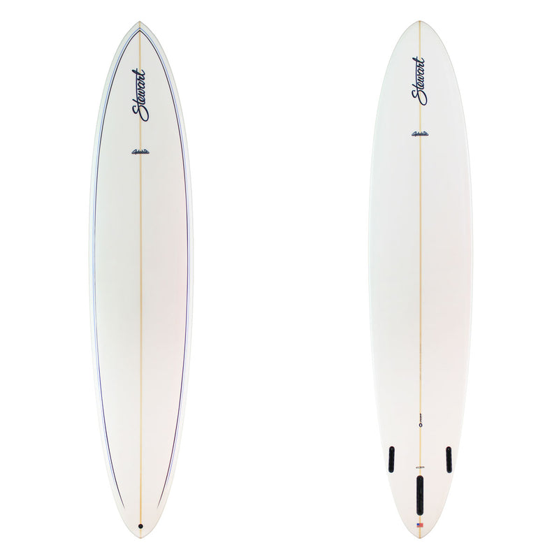 Two views of a white surfboard with branding on a white background