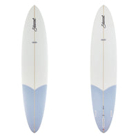 two images of a surfboard with a pale bue tail and black branding