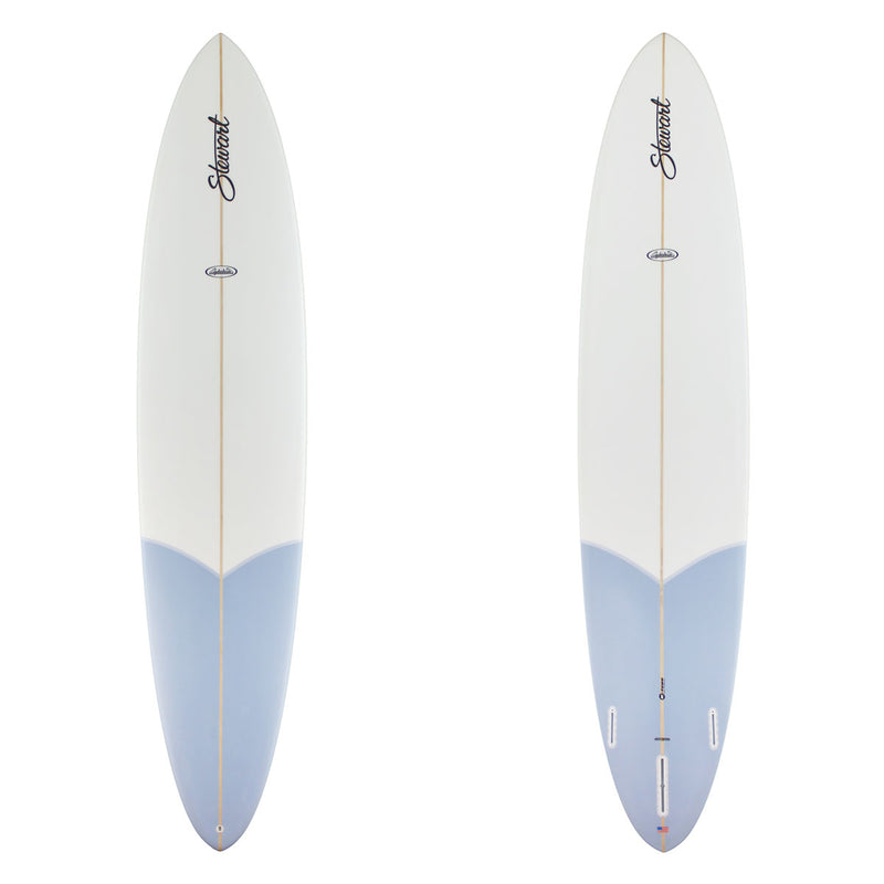 two images of a surfboard with a pale bue tail and black branding