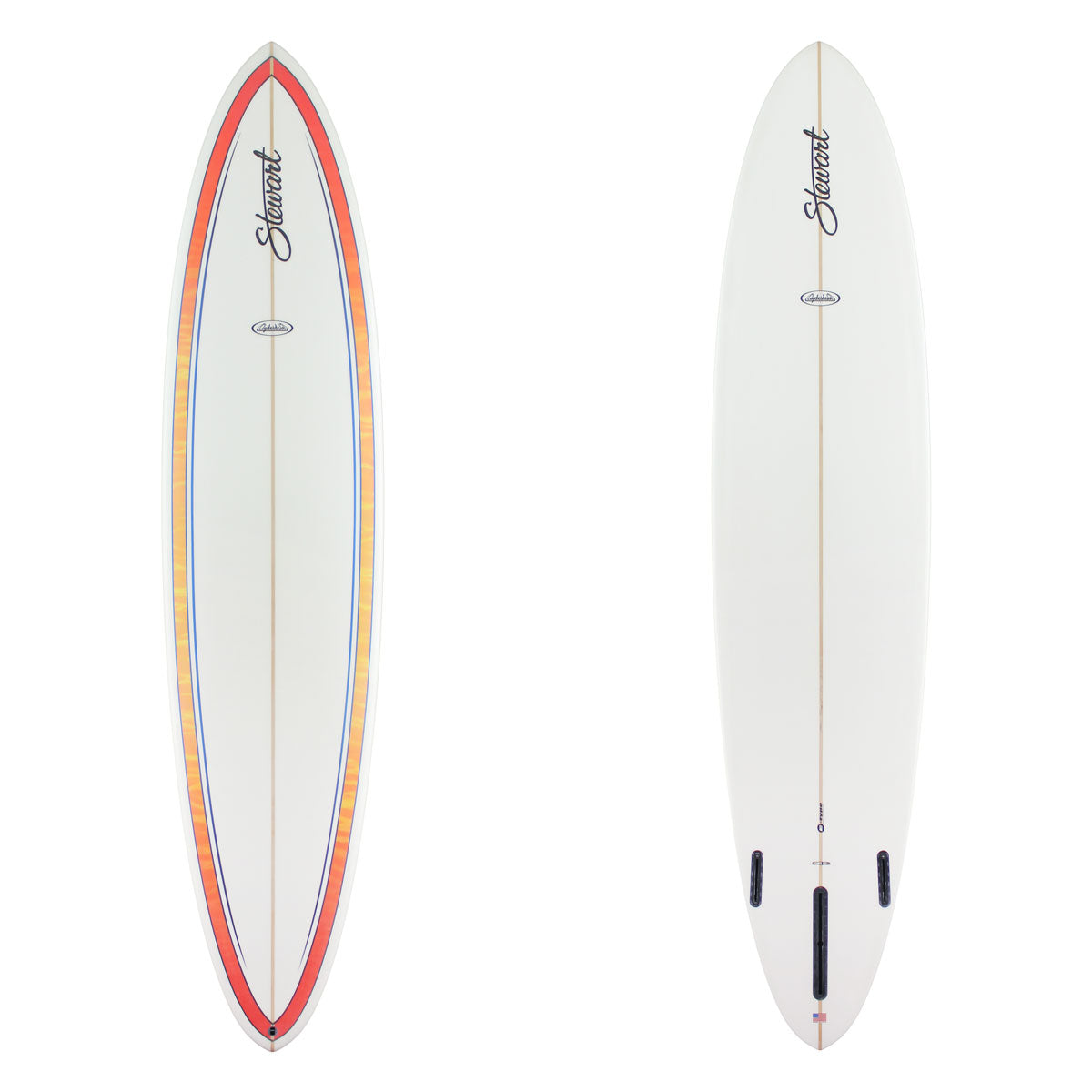 Two views of a surfboard on a plain white background: the top deck shows a white base with a red, orange, and blue outlined border and the word Stuart printed near the nose, while the bottom view shows the white underside with three black fins and the same Stuart branding.