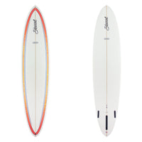 Two views of a surfboard on a plain white background: the top deck shows a white base with a red, orange, and blue outlined border and the word Stuart printed near the nose, while the bottom view shows the white underside with three black fins and the same Stuart branding.
