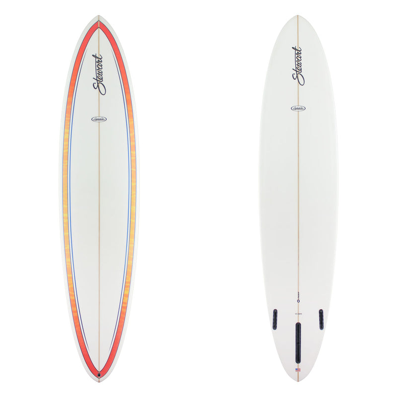 Two views of a surfboard on a plain white background: the top deck shows a white base with a red, orange, and blue outlined border and the word Stuart printed near the nose, while the bottom view shows the white underside with three black fins and the same Stuart branding.
