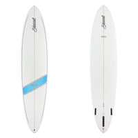 Two images of a white surfboard. The top has ablue diagonal stripe with black pin lines. There is black branding on both sides