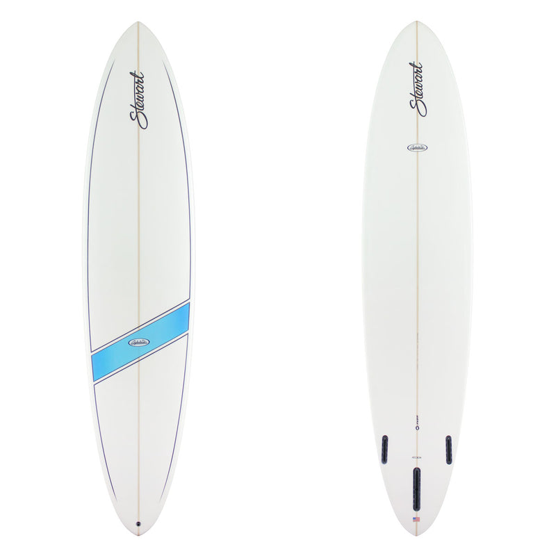Two images of a white surfboard. The top has ablue diagonal stripe with black pin lines. There is black branding on both sides