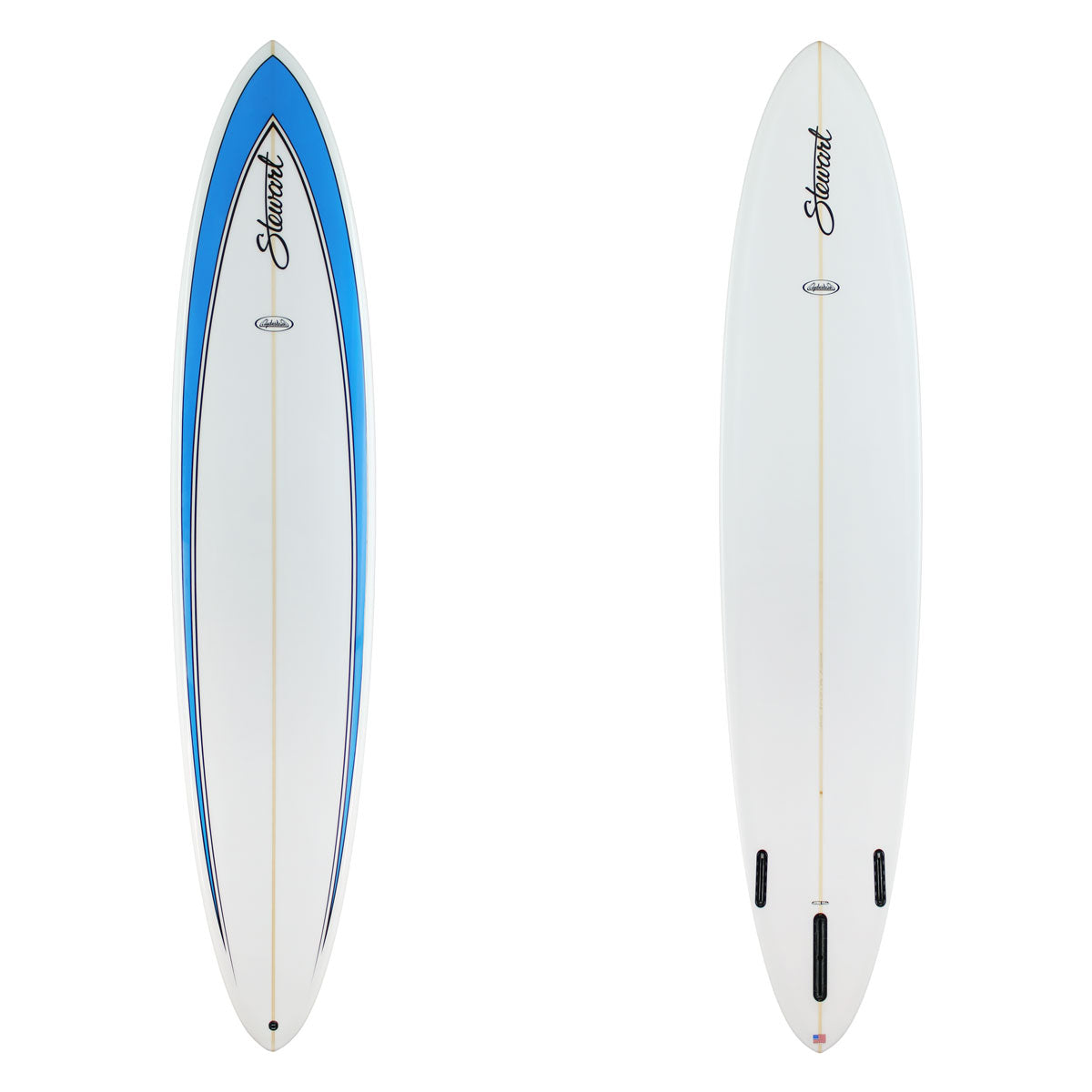 two surfboards images. the top has a bue arrow design and the bottom is white with black branding