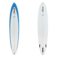 two surfboards images. the top has a bue arrow design and the bottom is white with black branding