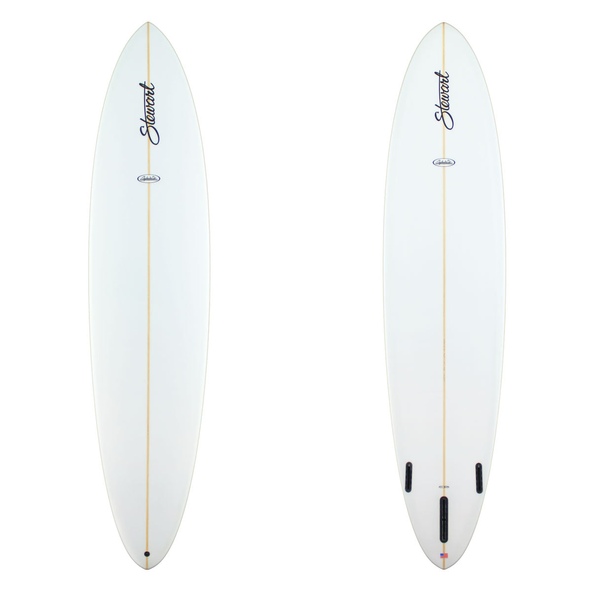 Two white surfboards with branding on a white background