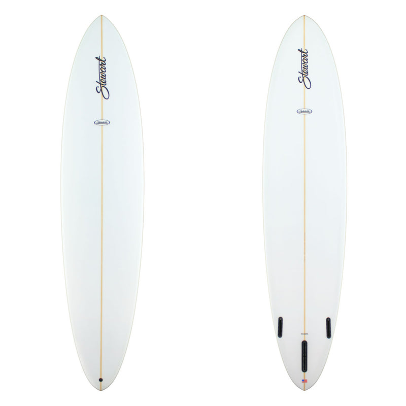 Two white surfboards with branding on a white background