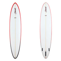 Two views of a surfboard with a red rim on a white background