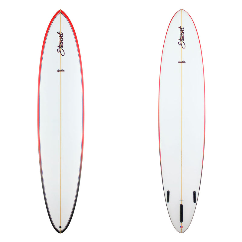 Two views of a surfboard with a red rim on a white background