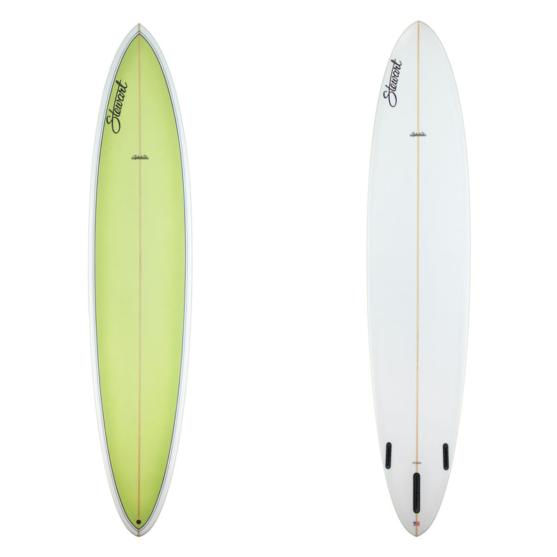 Two views of a surfboard with a green and white design on a white background
