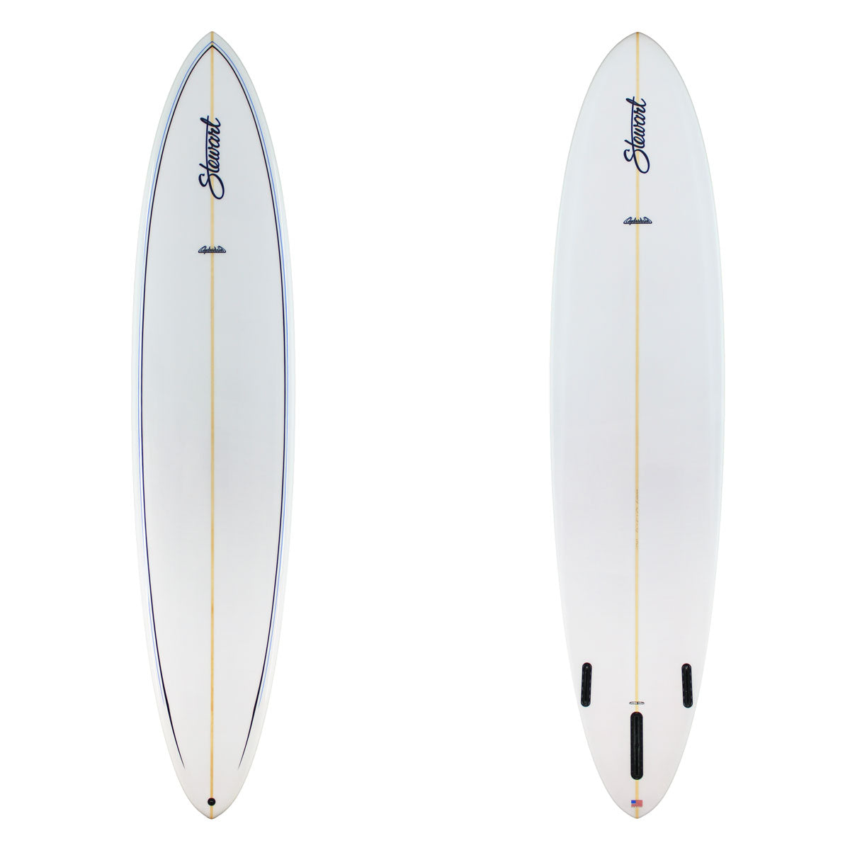 Stewart Longboard 9'6" Clydesdale (9'6", 24", 3 3/4") B#129683 Gloss & Polish with black and blue pin lines on the deck