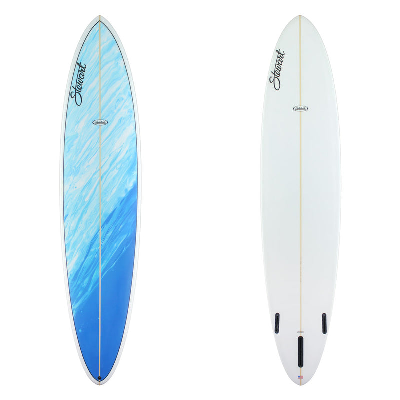 Stewart longboard 9'0" Clydesdale (9'0", 24", 3 5/8") B#130124 with a blue and light blue acid splash panel on the panel 