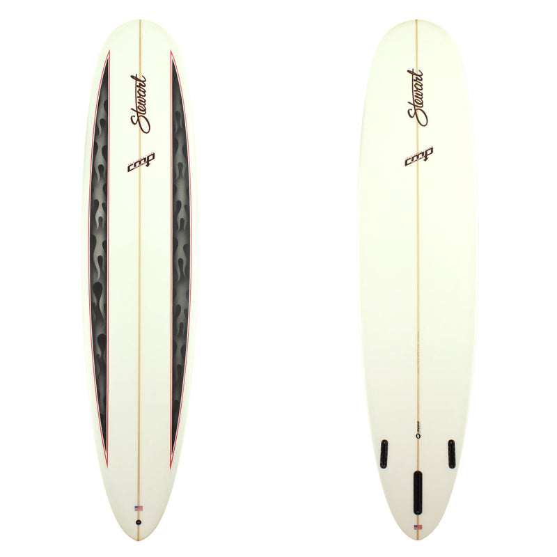 Stewart Surfboards 9'0 CMP longboard with black flame deck panels, red pinlines, clear white bottom and rails