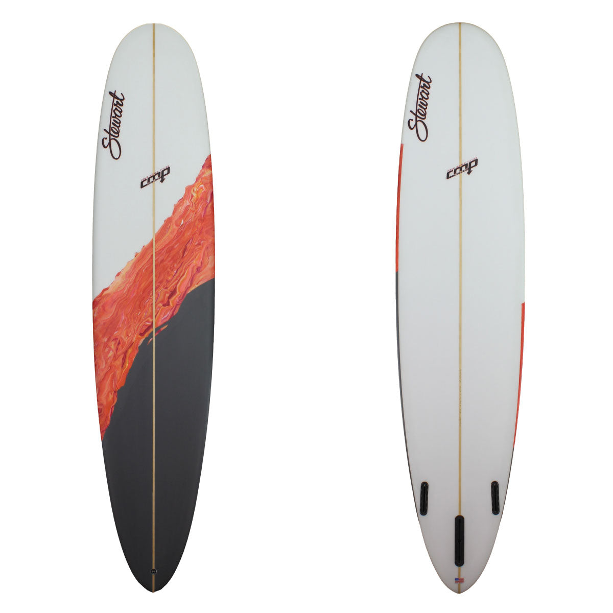 Stewart 8'6" CMP Longboard with grey to orange and red side streaks (8'6", 22 1/4", 2 5/8") B#128233