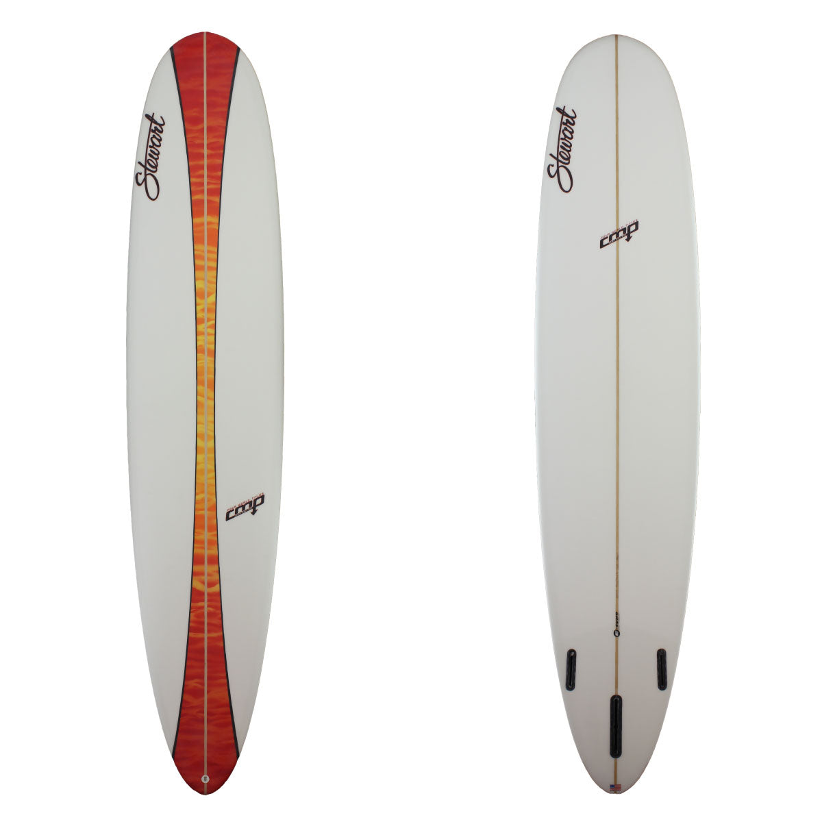 Top and bottom view of a stewart cmp longboard with and red fading into yellow fading back into red stripe down the middle of the board sand finish 