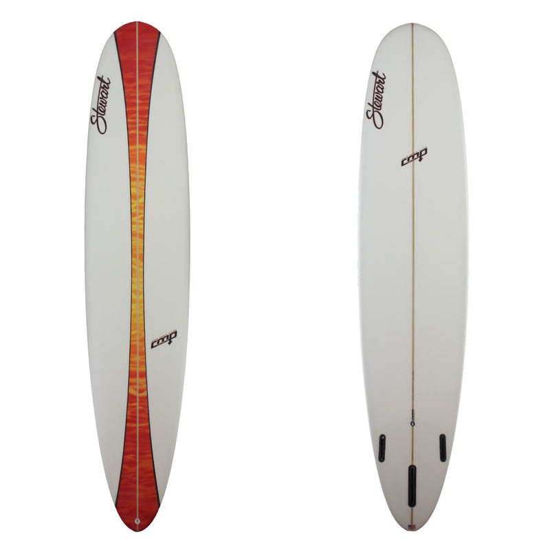 Top and bottom view of a stewart cmp longboard with and red fading into yellow fading back into red stripe down the middle of the board sand finish 