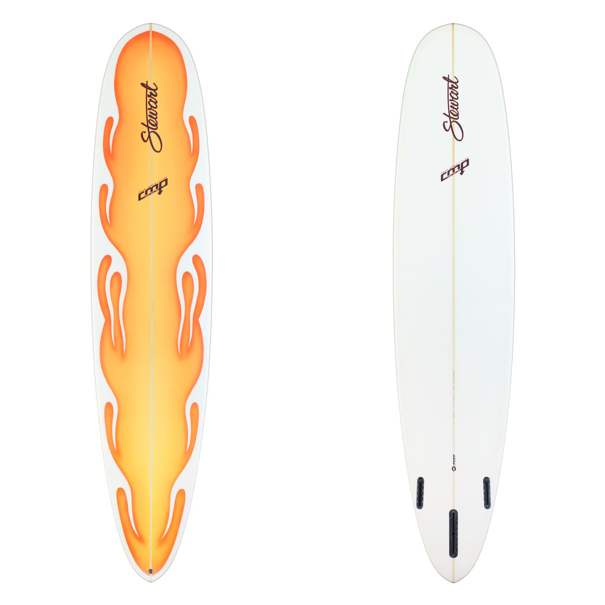 Stewart Longboard 8'6" CMP (8'6", 22 1/4", 2 5/8") B#129387 with a orange and yellow flame job fade on the deck