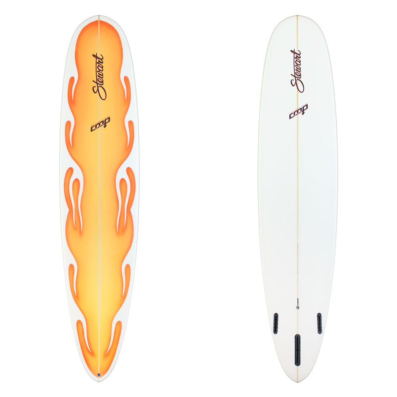 Stewart Longboard 8'6" CMP (8'6", 22 1/4", 2 5/8") B#129387 with a orange and yellow flame job fade on the deck