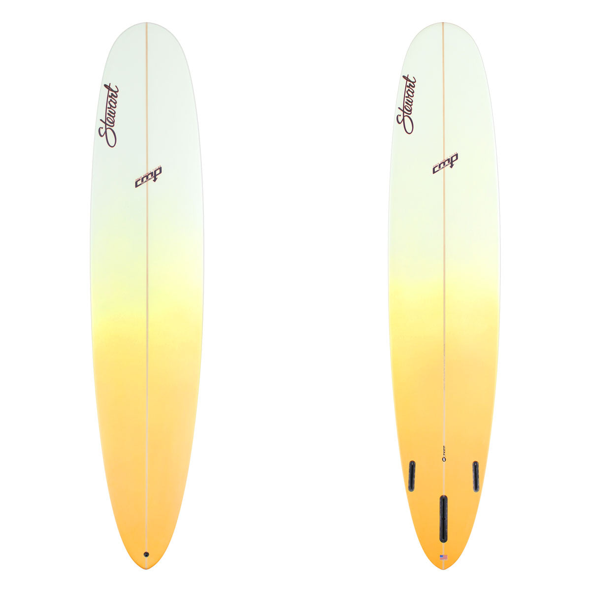 Stewart Longboard 9'0" CMP (9'0", 22 5/8", 2 5/8") B#129616 Orange to Yellow Tail dip fade, Red and Black Stewart and CMP Logos. Sand Only