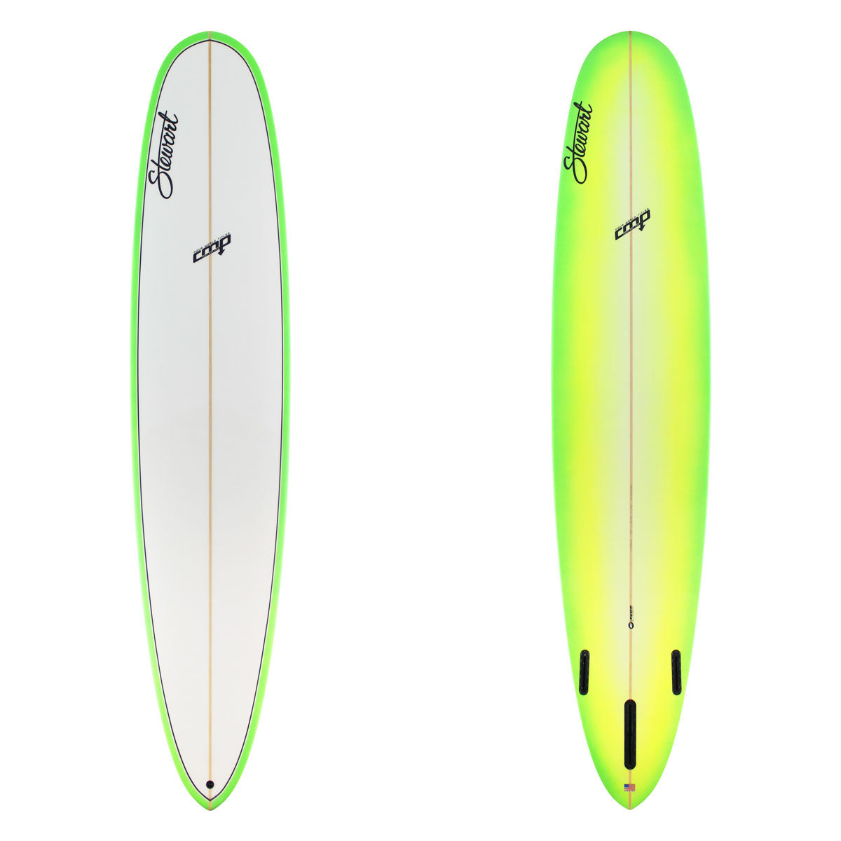 Two views of a surfboard with a white and green design on a white background