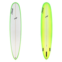 Two views of a surfboard with a white and green design on a white background