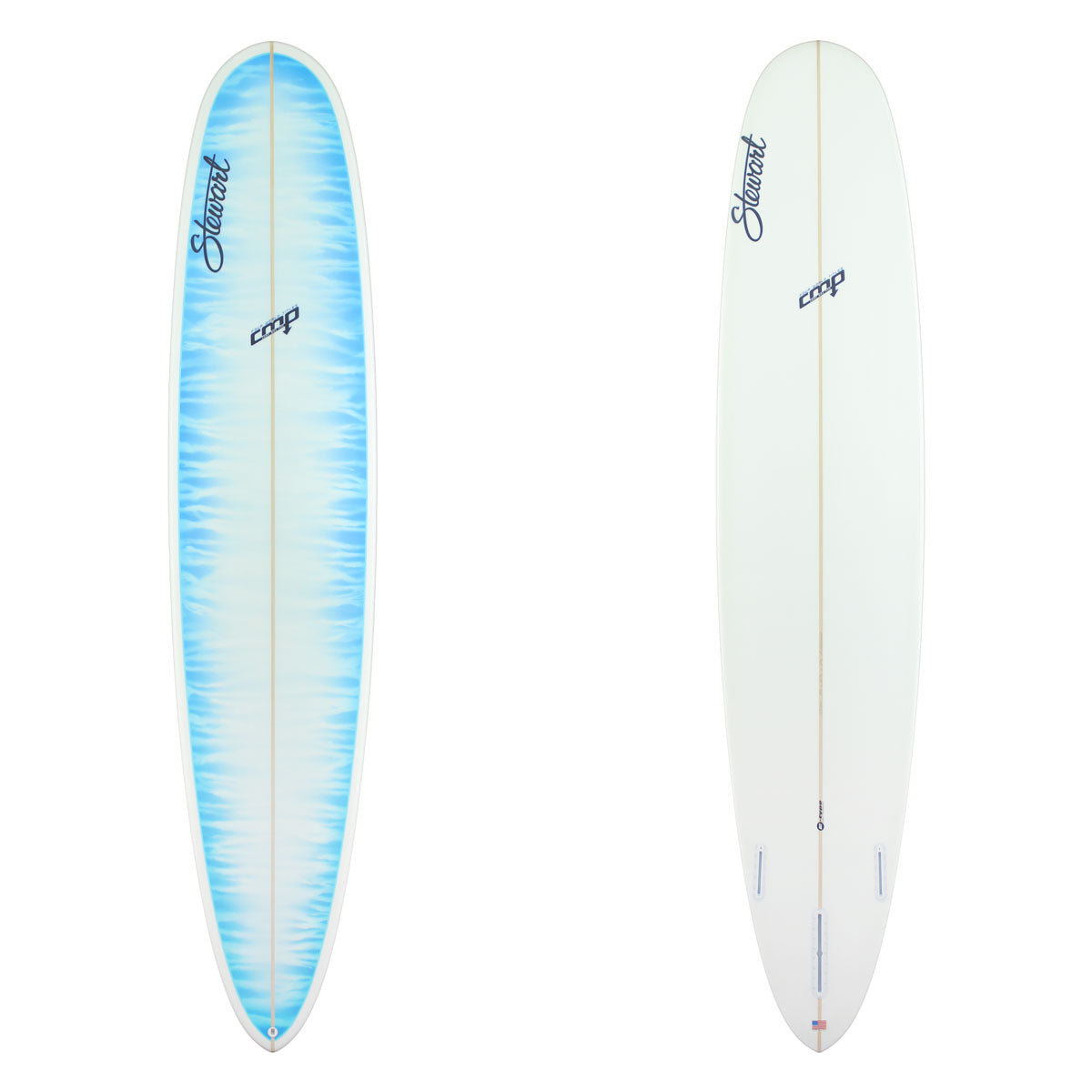 Deck and bottom view of Stewart CMP with a light blue painted deck in a brushy pattern