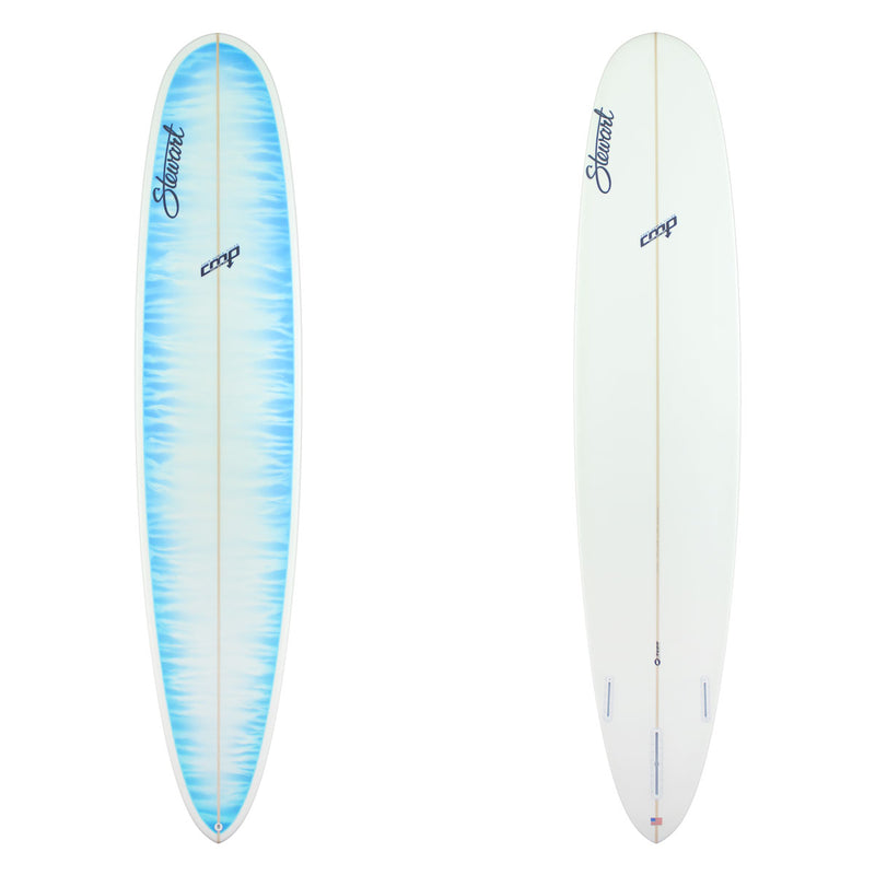Deck and bottom view of Stewart CMP with a light blue painted deck in a brushy pattern