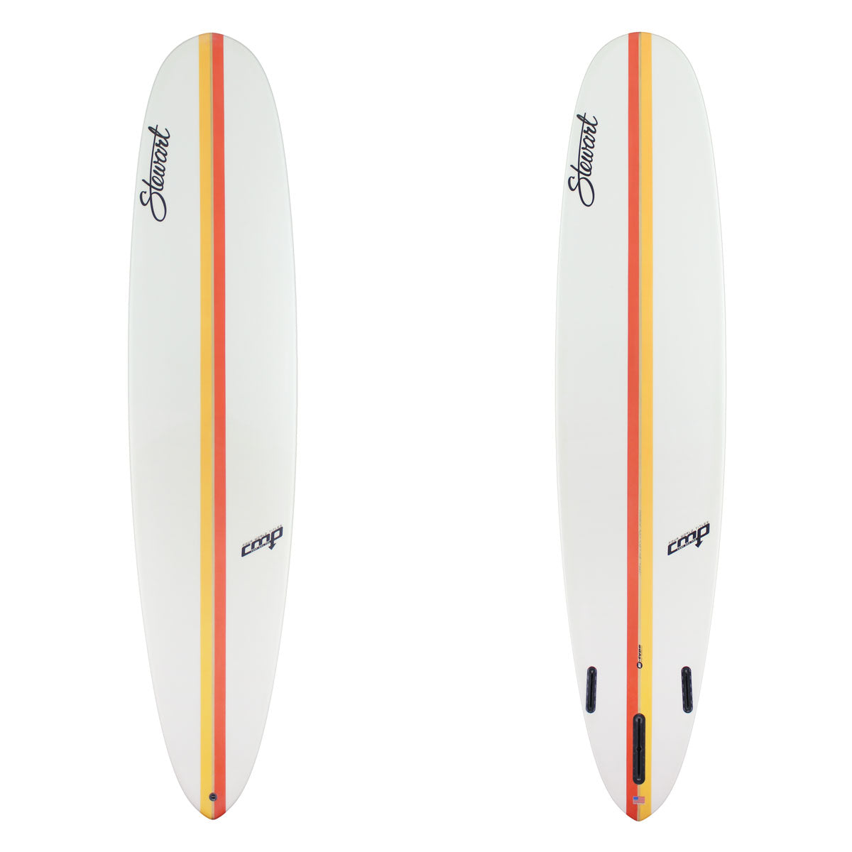 Two Images of a Stewart CMP with a orange and yellow stie on the deck and bottom. There is black branding