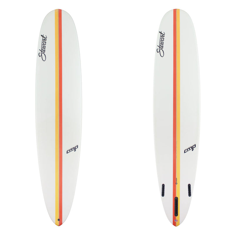 Two Images of a Stewart CMP with a orange and yellow stie on the deck and bottom. There is black branding