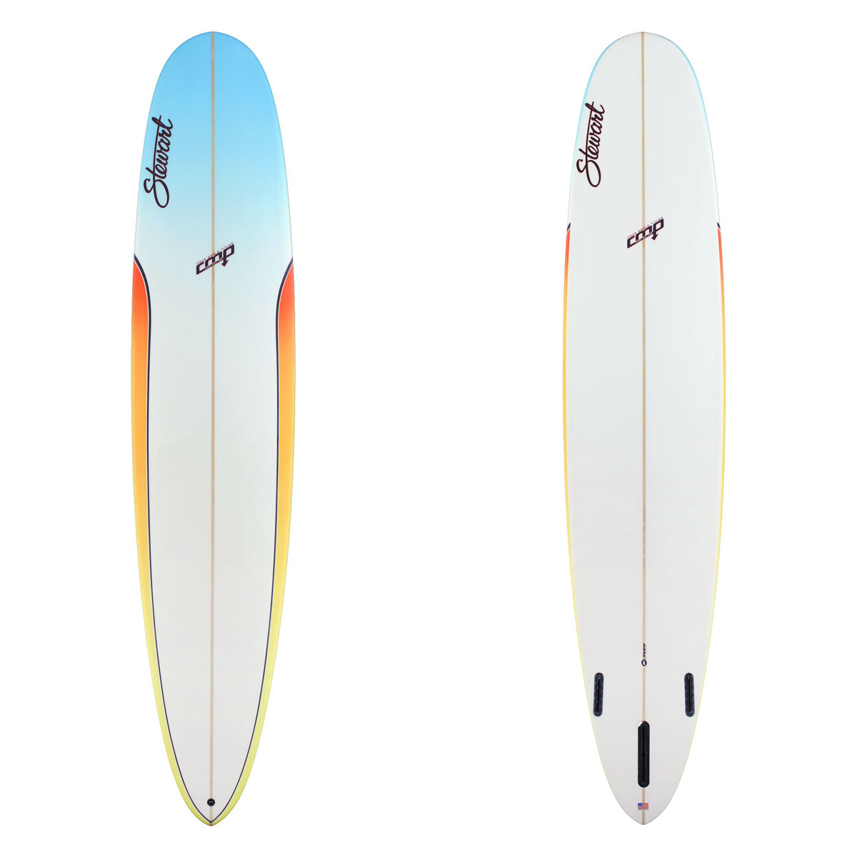 Two images of Stewart CMP with blue on the nose and orange to yellow fade on the rails with black branding
