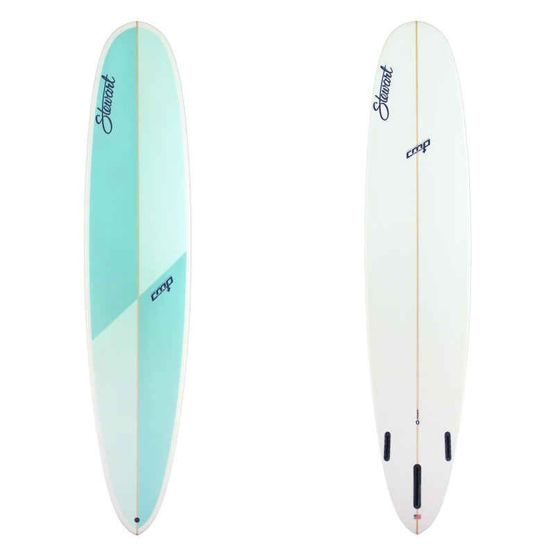 Stewart Longboard 9'0" CMP (9'0", 22 5/8", 2 5/8") B#130033 Blue and Light blue deck panels. Clear bottom and rails. Blue and Black Stewart and CMP Logos. Sand Only